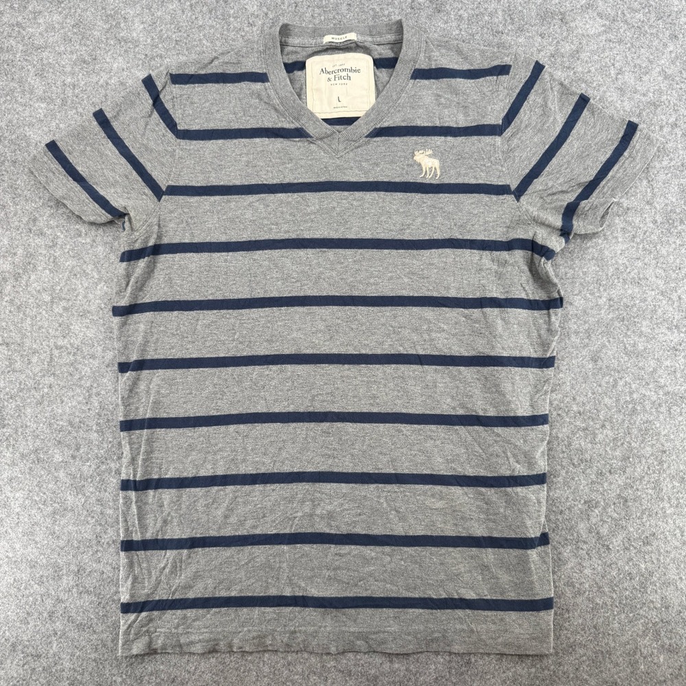 Abercrombie & Fitch T-Shirt Mens L Muscle Fit Grey Navy Blue Striped EUC